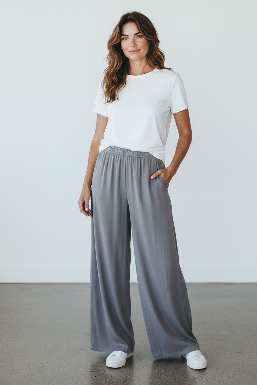Amanda Smith 100% Silk Pants Gray Crepe de Chine Straight Leg Elastic Waist L